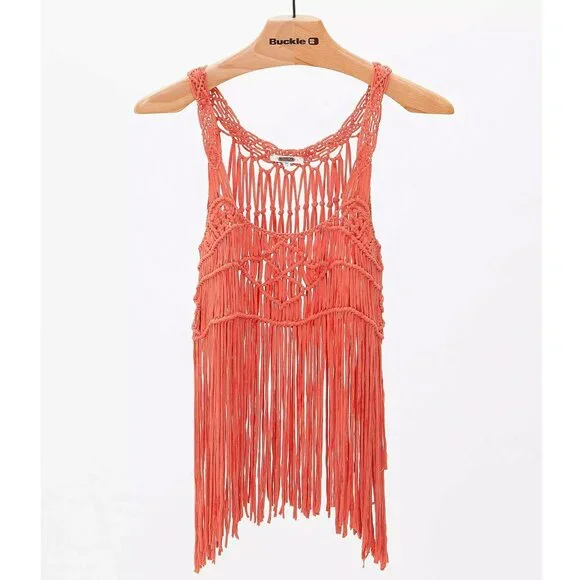 MISS ME Coral Macrame Crochet Fringe Boho Festival Tank Top Size Small - Picture 7 of 8